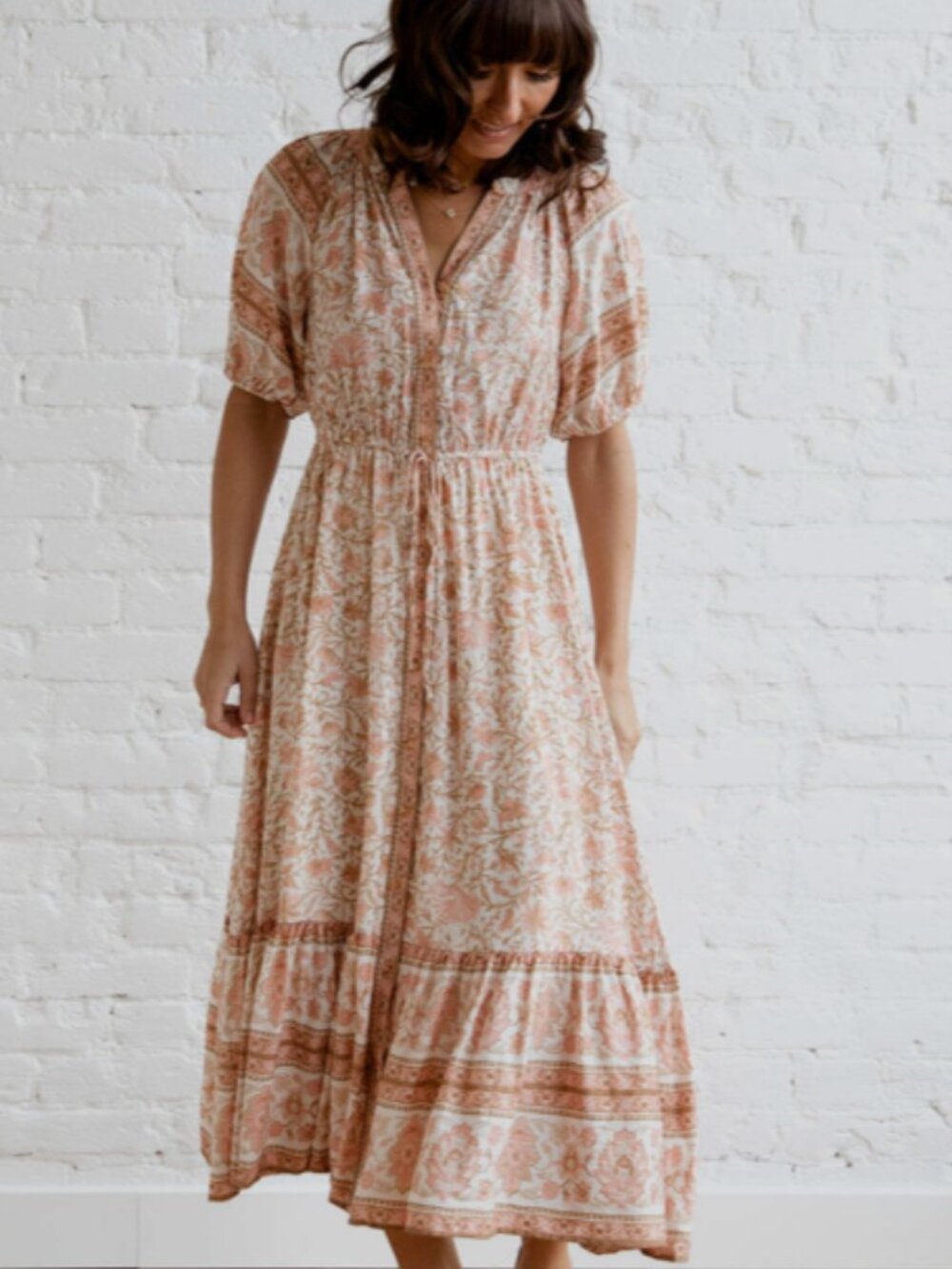 Blu Pepper Boho Floral Puff Sleeve Midi Dress – Peach -Size Large